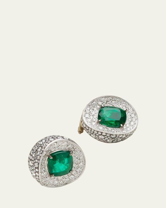 18K White Gold Oak Ring with Pave Diamonds and Columbian Emeralds